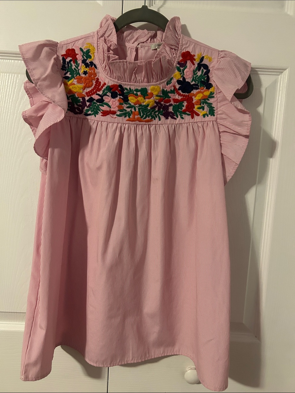 Women’s Pink and White Striped Embroidered Ruffle Sleeve Top
